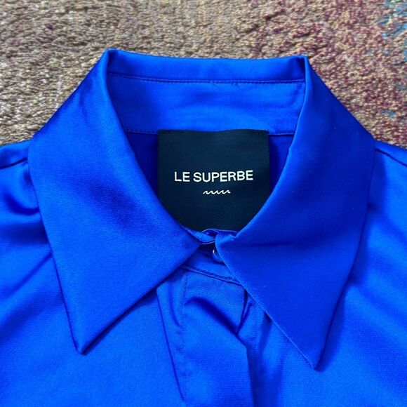 Le Superbe Superstoned Button Up Orbital Seamed Satin Fitted Shirt Cobalt Size 4 - Picture 6 of 7